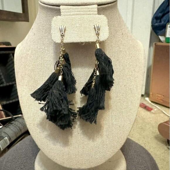 Ettika Black Fringe Dangle Earrings 18K Gold Plated, Nickel Free, Pierced Ears - Picture 2 of 5